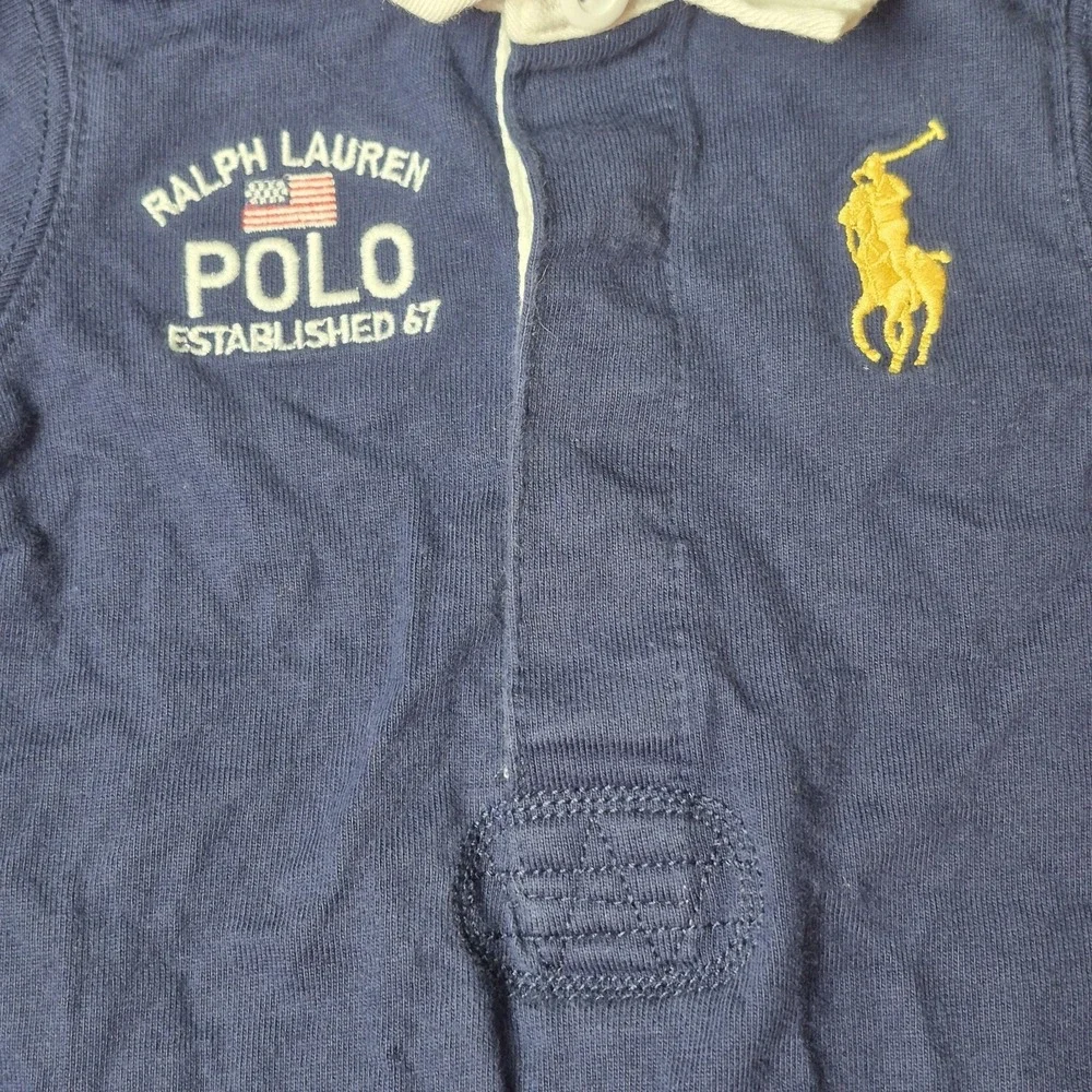 Ralph Lauren Polo Baby Boys 3M Rugby Romper Big Pony Blue Cotton One Piece‎